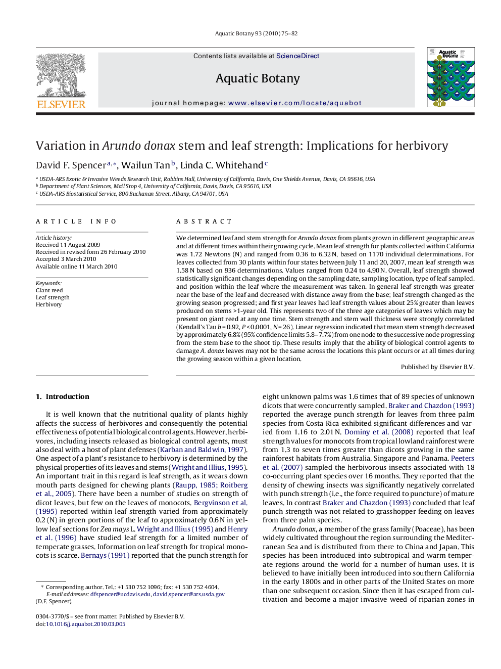 Variation in Arundo donax stem and leaf strength: Implications for herbivory