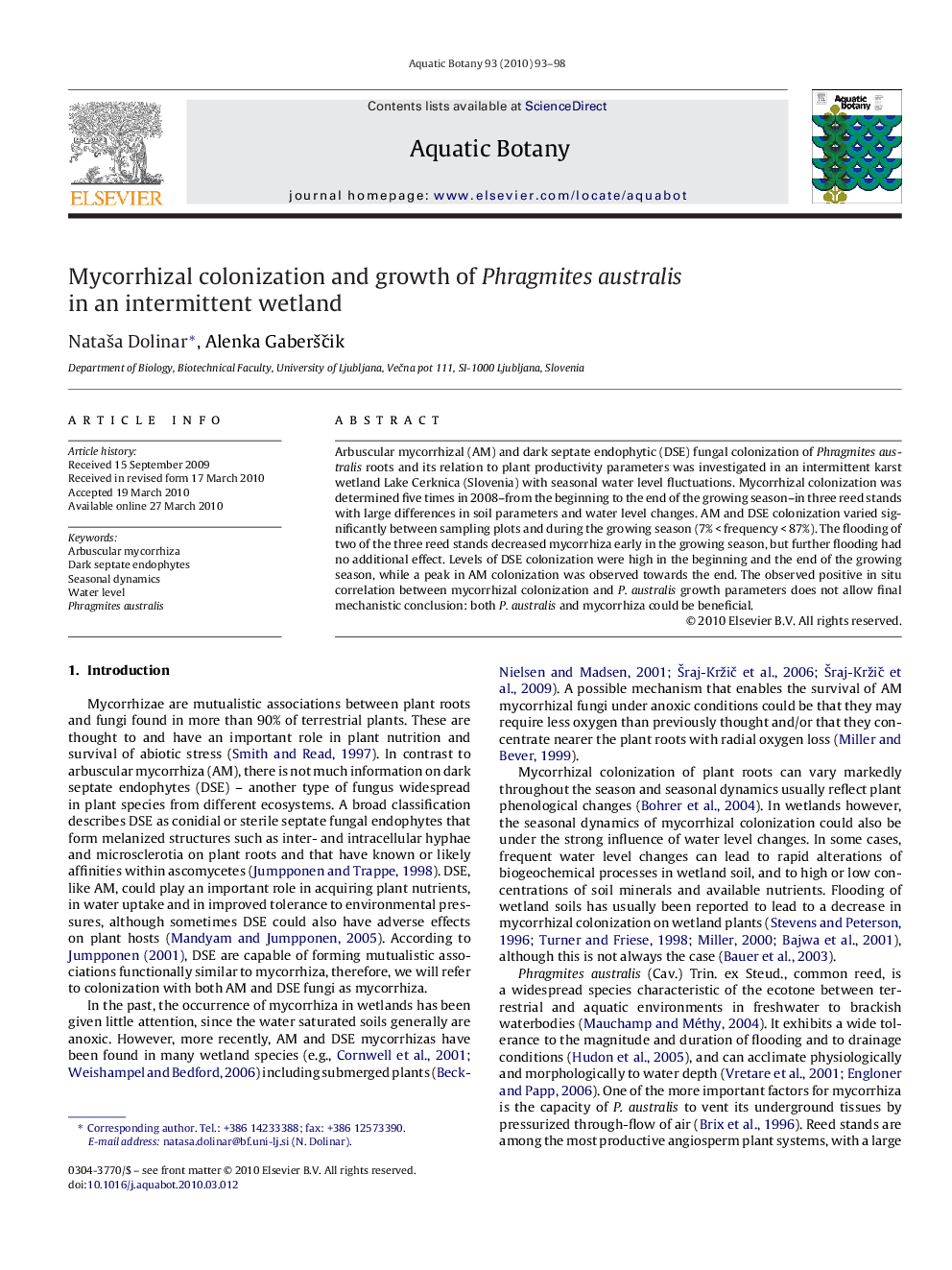 Mycorrhizal colonization and growth of Phragmites australis in an intermittent wetland