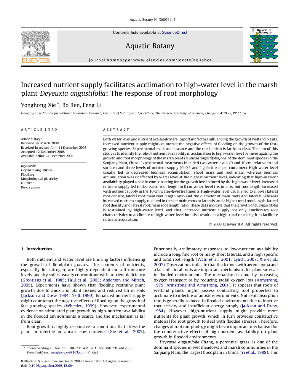 Increased nutrient supply facilitates acclimation to high-water level in the marsh plant Deyeuxia angustifolia: The response of root morphology