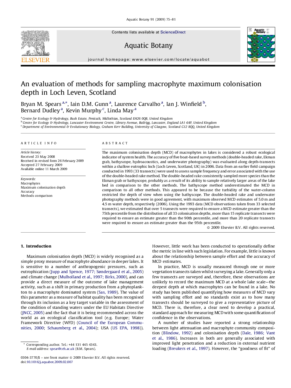 An evaluation of methods for sampling macrophyte maximum colonisation depth in Loch Leven, Scotland