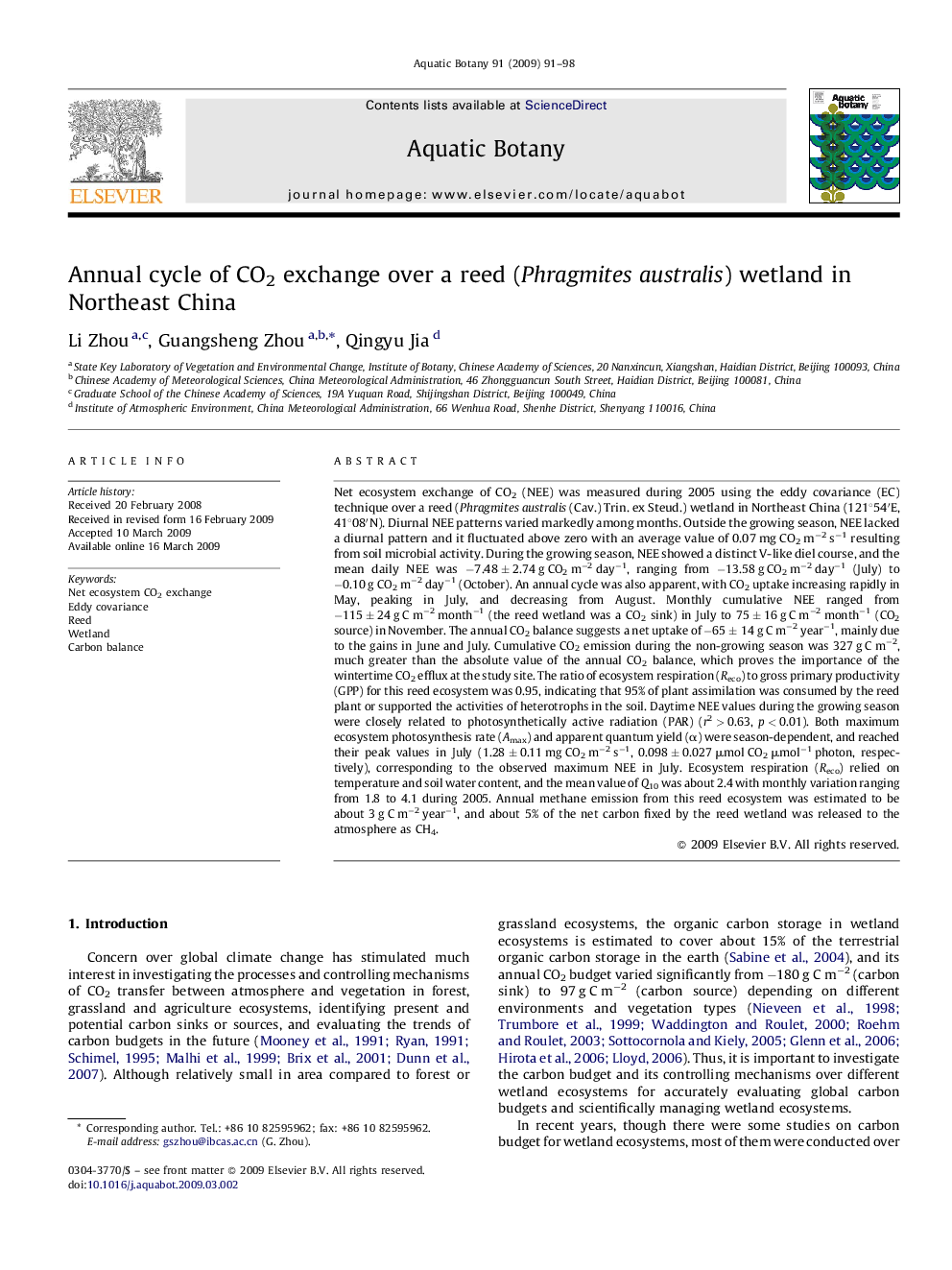 Annual cycle of CO2 exchange over a reed (Phragmites australis) wetland in Northeast China