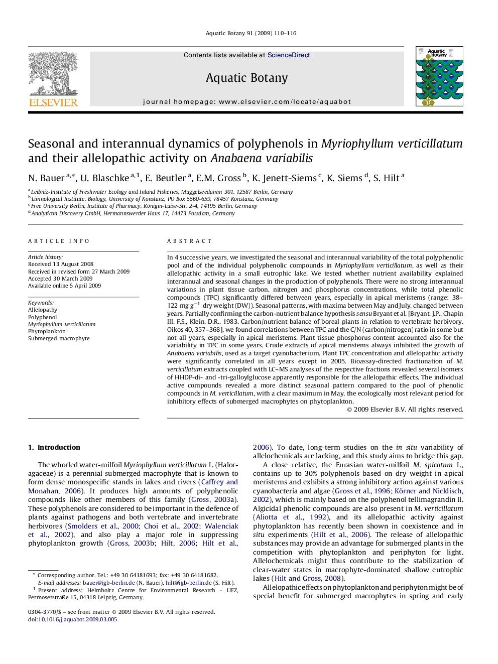 Seasonal and interannual dynamics of polyphenols in Myriophyllum verticillatum and their allelopathic activity on Anabaena variabilis