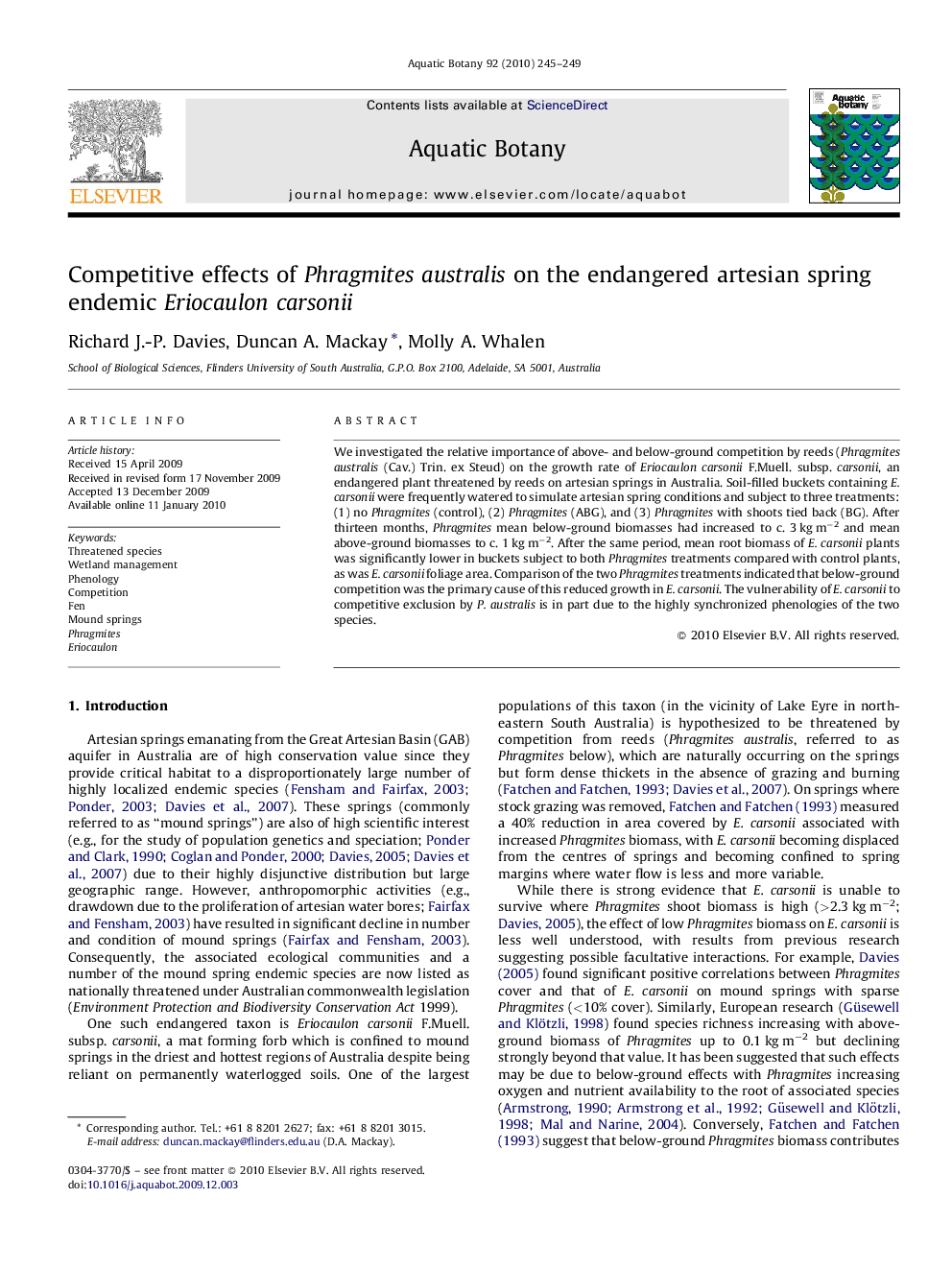 Competitive effects of Phragmites australis on the endangered artesian spring endemic Eriocaulon carsonii