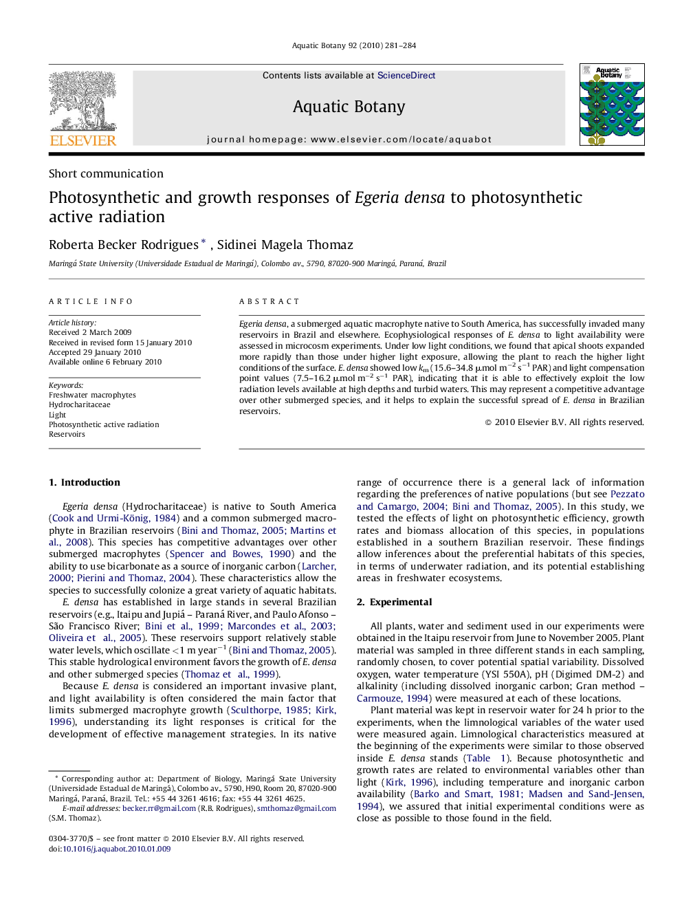 Photosynthetic and growth responses of Egeria densa to photosynthetic active radiation