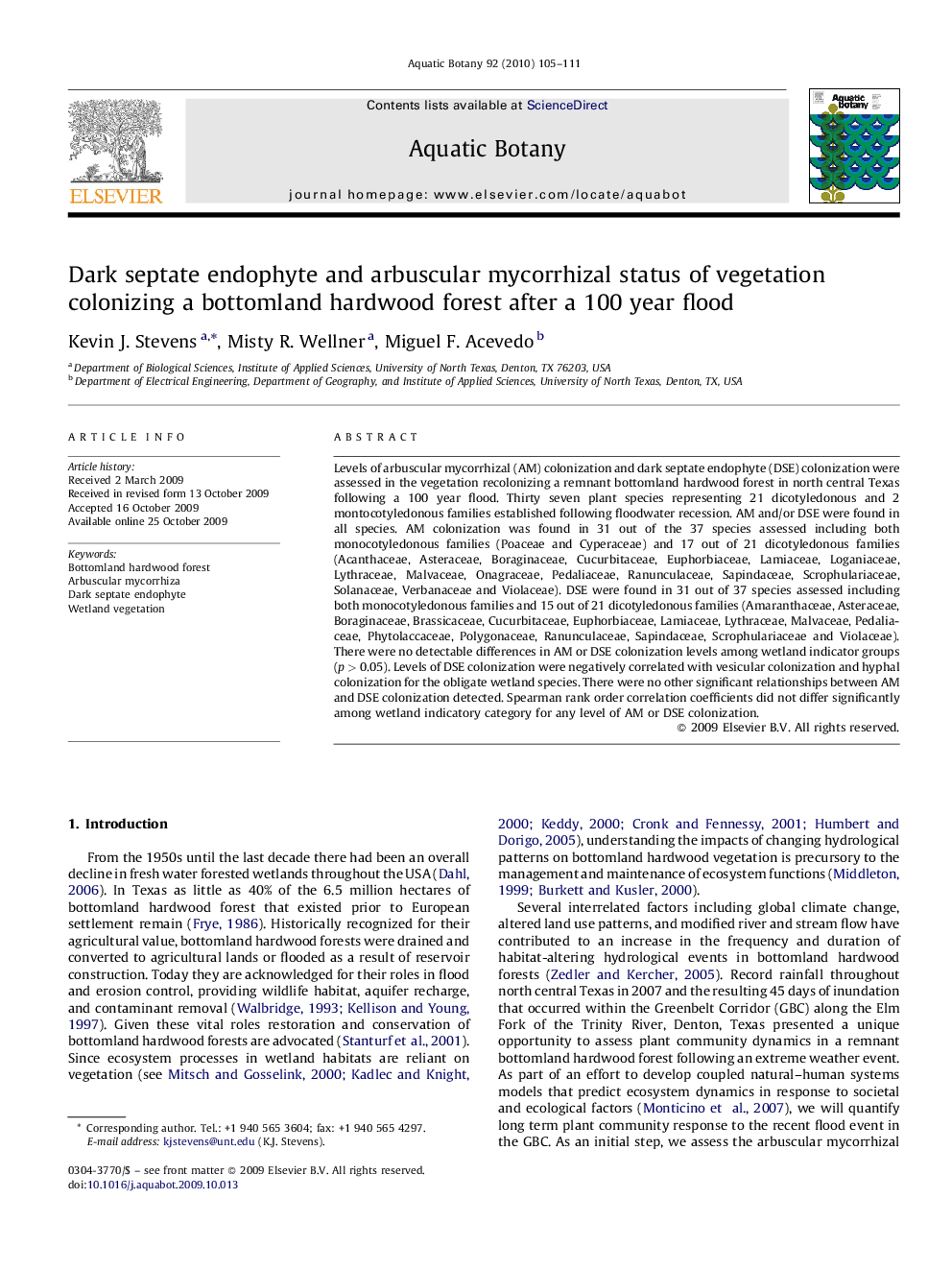 Dark septate endophyte and arbuscular mycorrhizal status of vegetation colonizing a bottomland hardwood forest after a 100 year flood