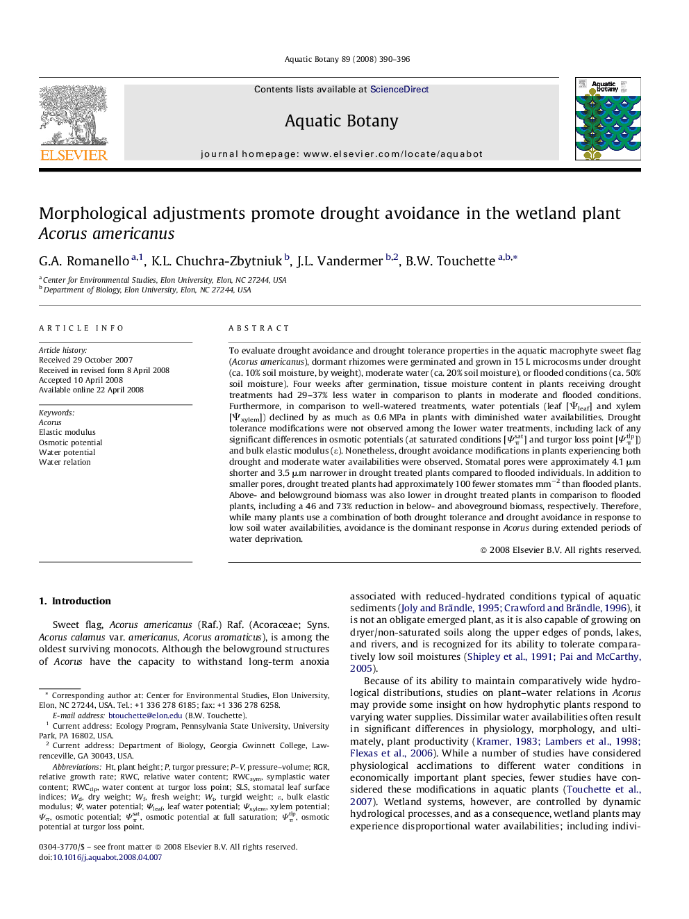 Morphological adjustments promote drought avoidance in the wetland plant Acorus americanus