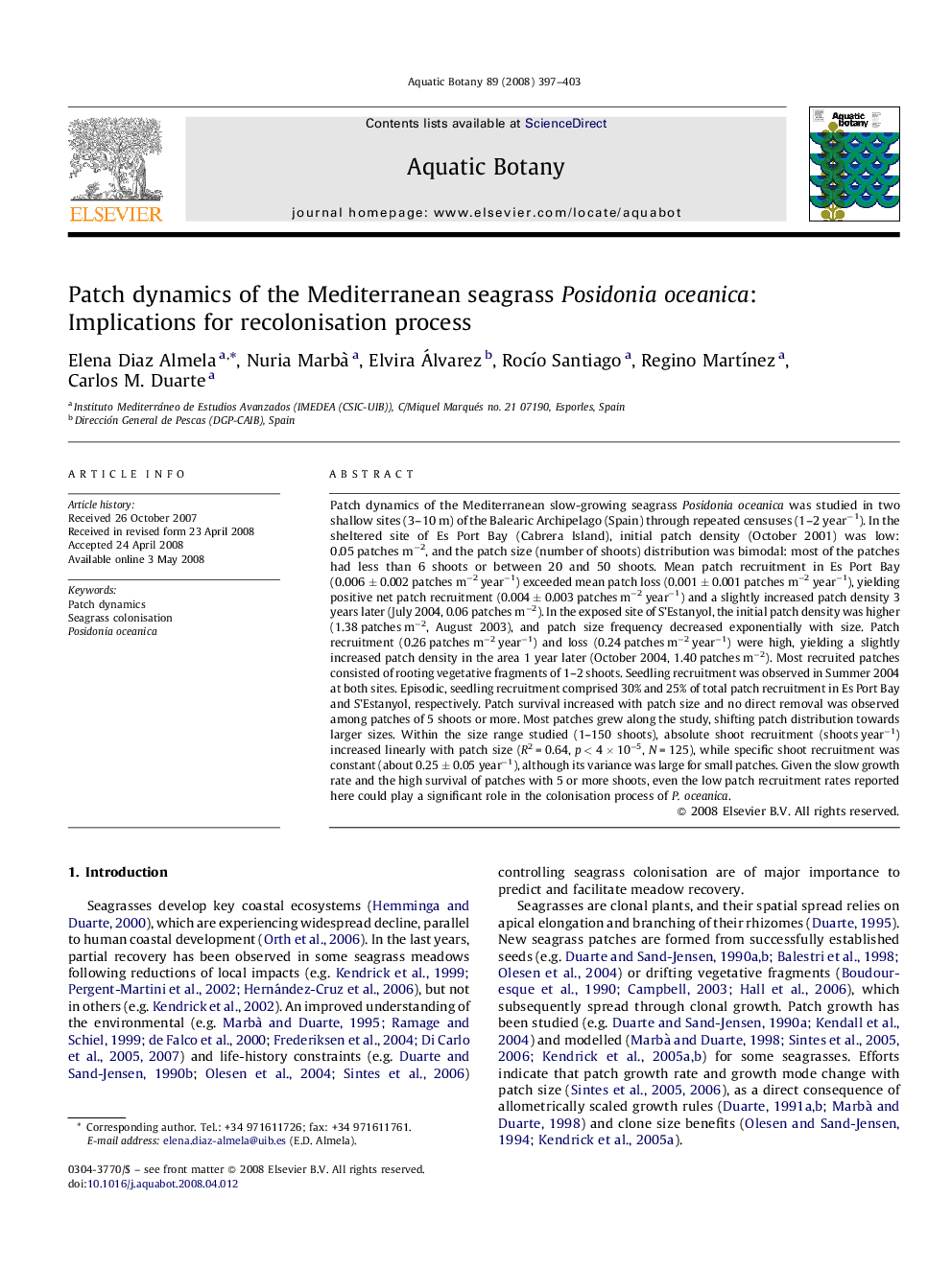 Patch dynamics of the Mediterranean seagrass Posidonia oceanica: Implications for recolonisation process