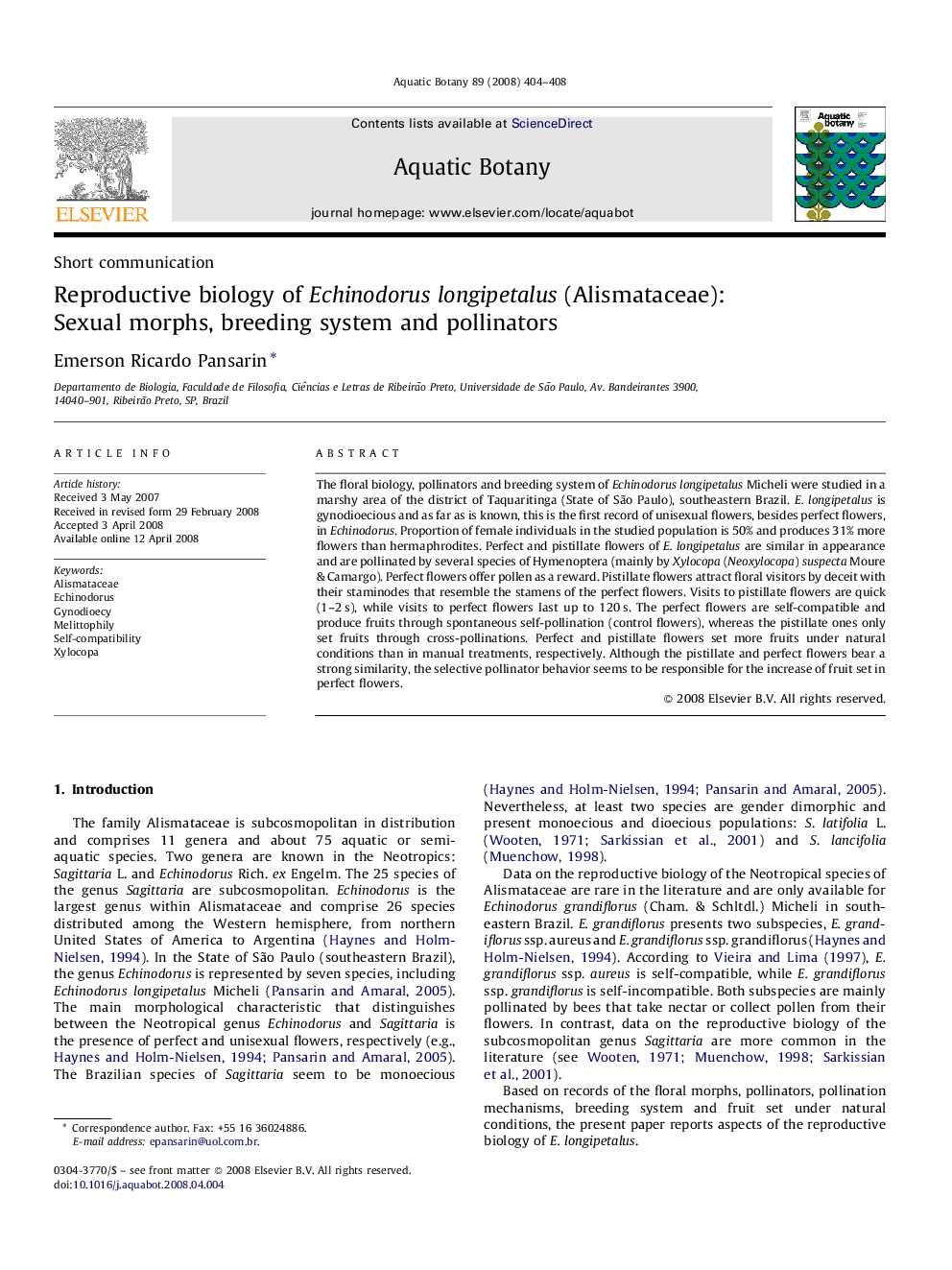 Reproductive biology of Echinodorus longipetalus (Alismataceae): Sexual morphs, breeding system and pollinators