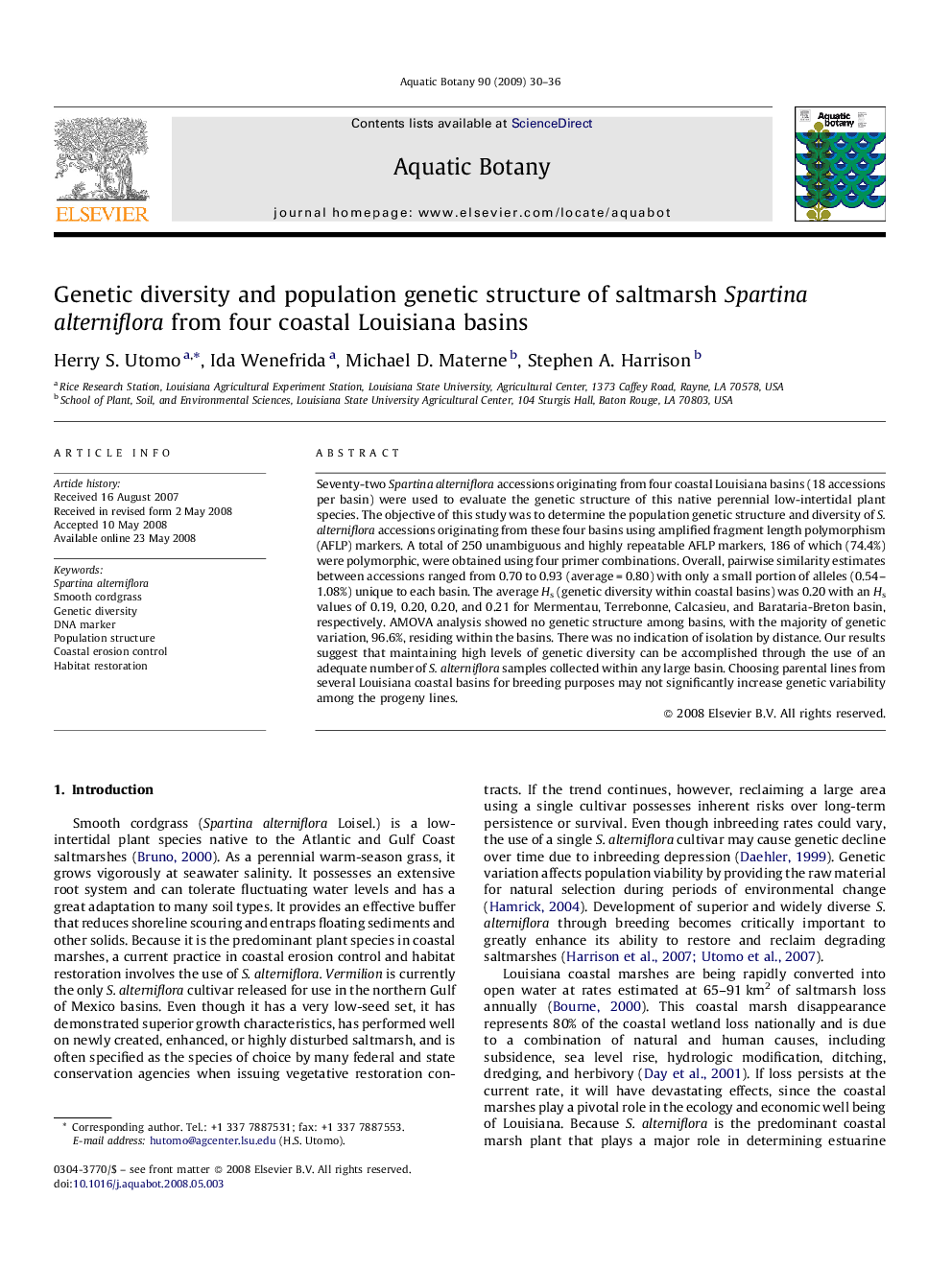 Genetic diversity and population genetic structure of saltmarsh Spartina alterniflora from four coastal Louisiana basins