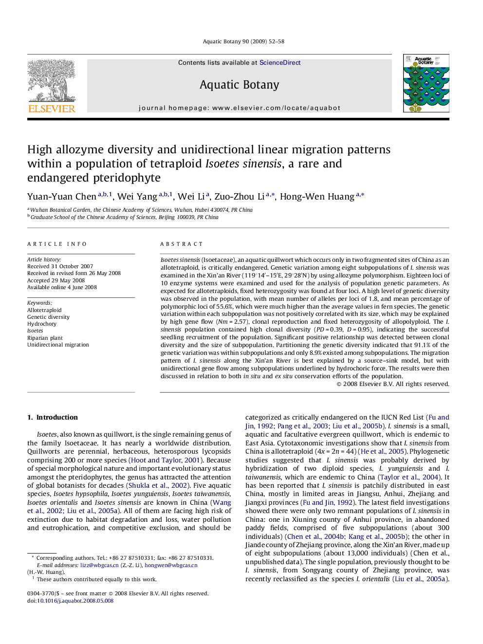 High allozyme diversity and unidirectional linear migration patterns within a population of tetraploid Isoetes sinensis, a rare and endangered pteridophyte