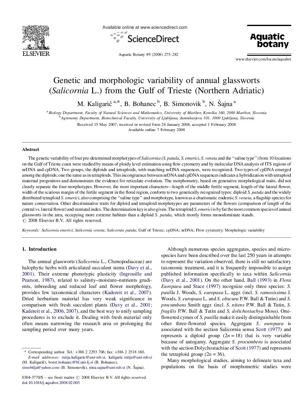 Genetic and morphologic variability of annual glassworts (Salicornia L.) from the Gulf of Trieste (Northern Adriatic)