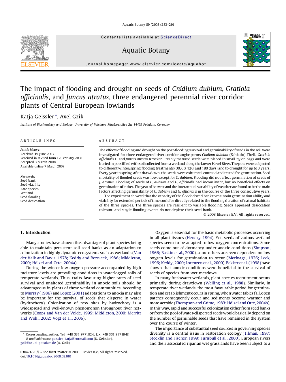 The impact of flooding and drought on seeds of Cnidium dubium, Gratiola officinalis, and Juncus atratus, three endangered perennial river corridor plants of Central European lowlands