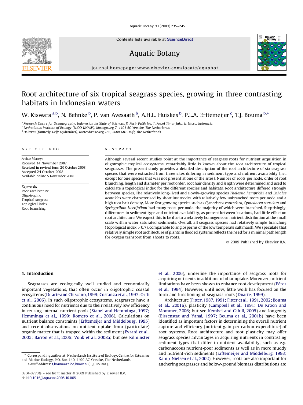 Root architecture of six tropical seagrass species, growing in three contrasting habitats in Indonesian waters