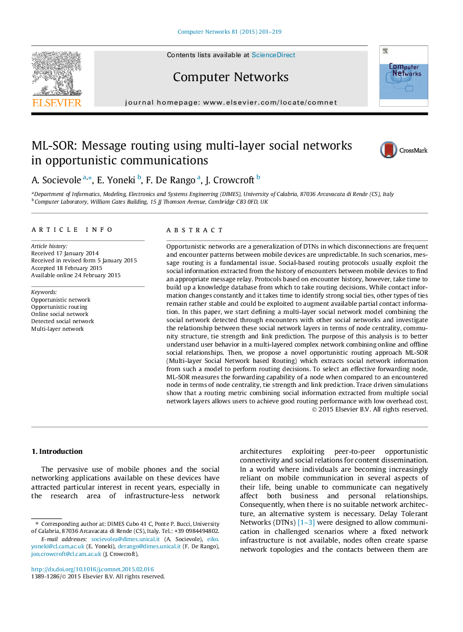 ML-SOR: Message routing using multi-layer social networks in opportunistic communications