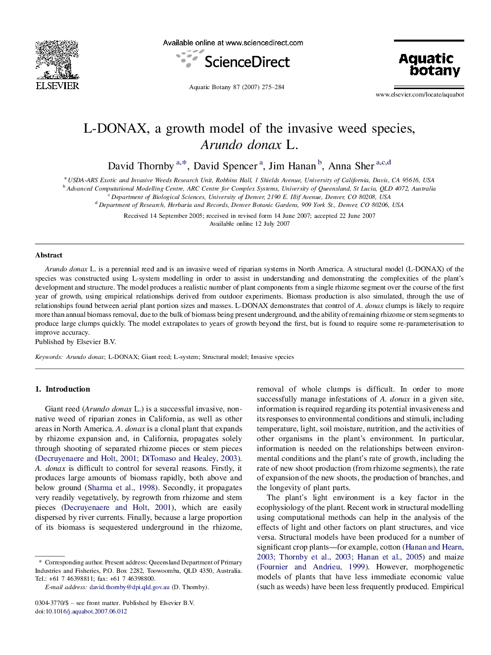 L-DONAX, a growth model of the invasive weed species, Arundo donax L.