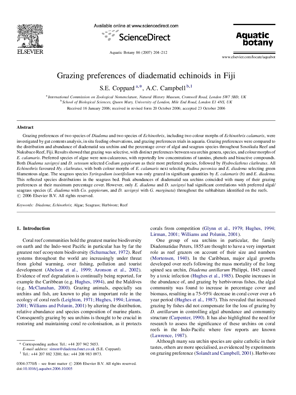 Grazing preferences of diadematid echinoids in Fiji