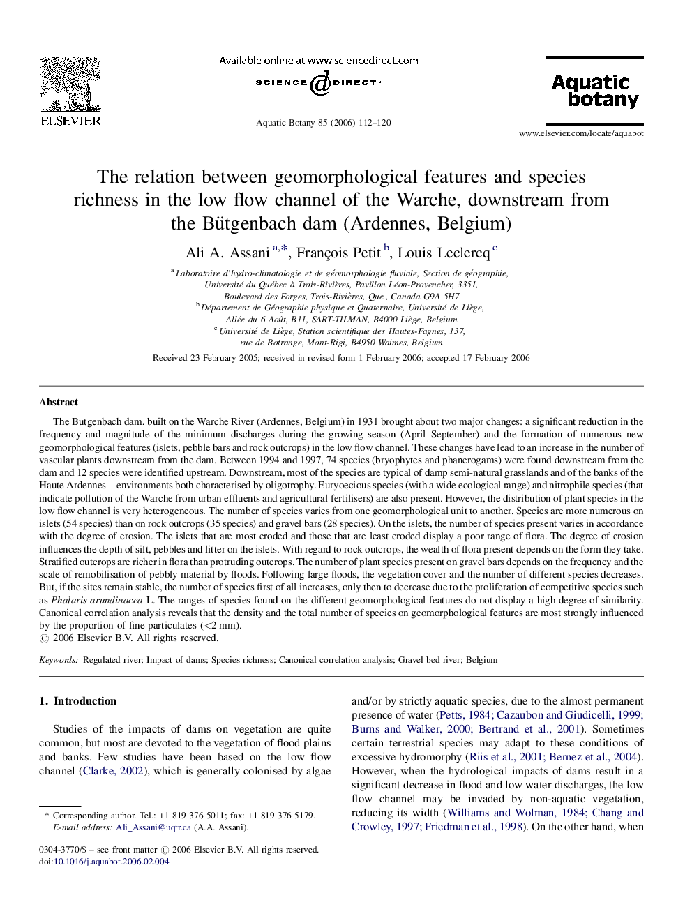 The relation between geomorphological features and species richness in the low flow channel of the Warche, downstream from the Bütgenbach dam (Ardennes, Belgium)