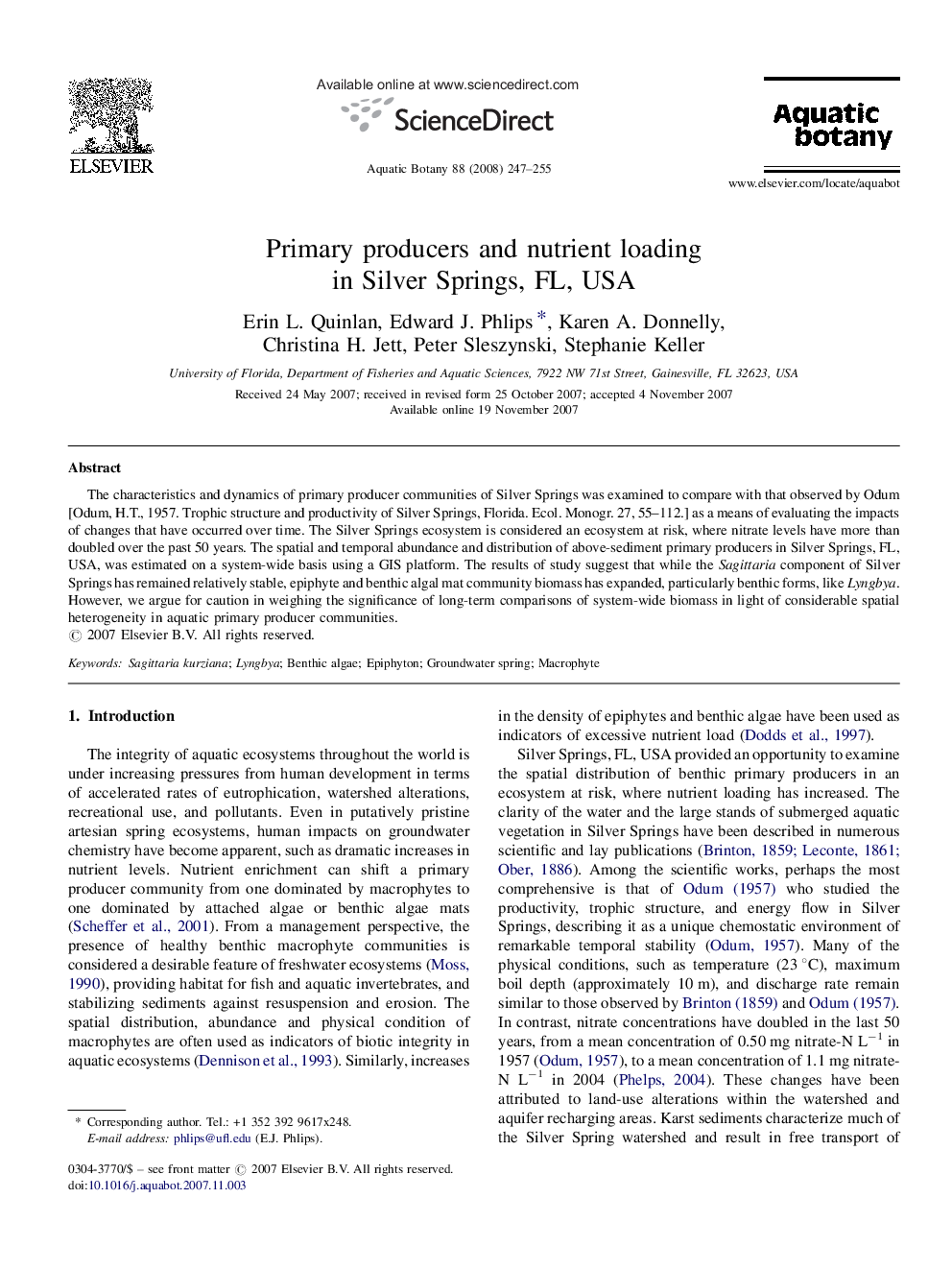 Primary producers and nutrient loading in Silver Springs, FL, USA