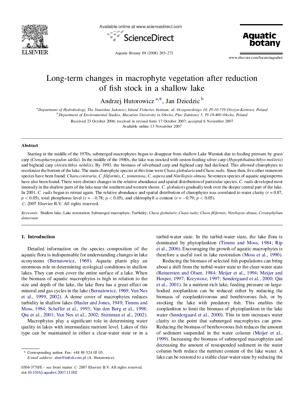 Long-term changes in macrophyte vegetation after reduction of fish stock in a shallow lake