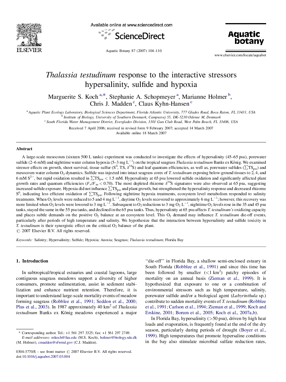 Thalassia testudinum response to the interactive stressors hypersalinity, sulfide and hypoxia