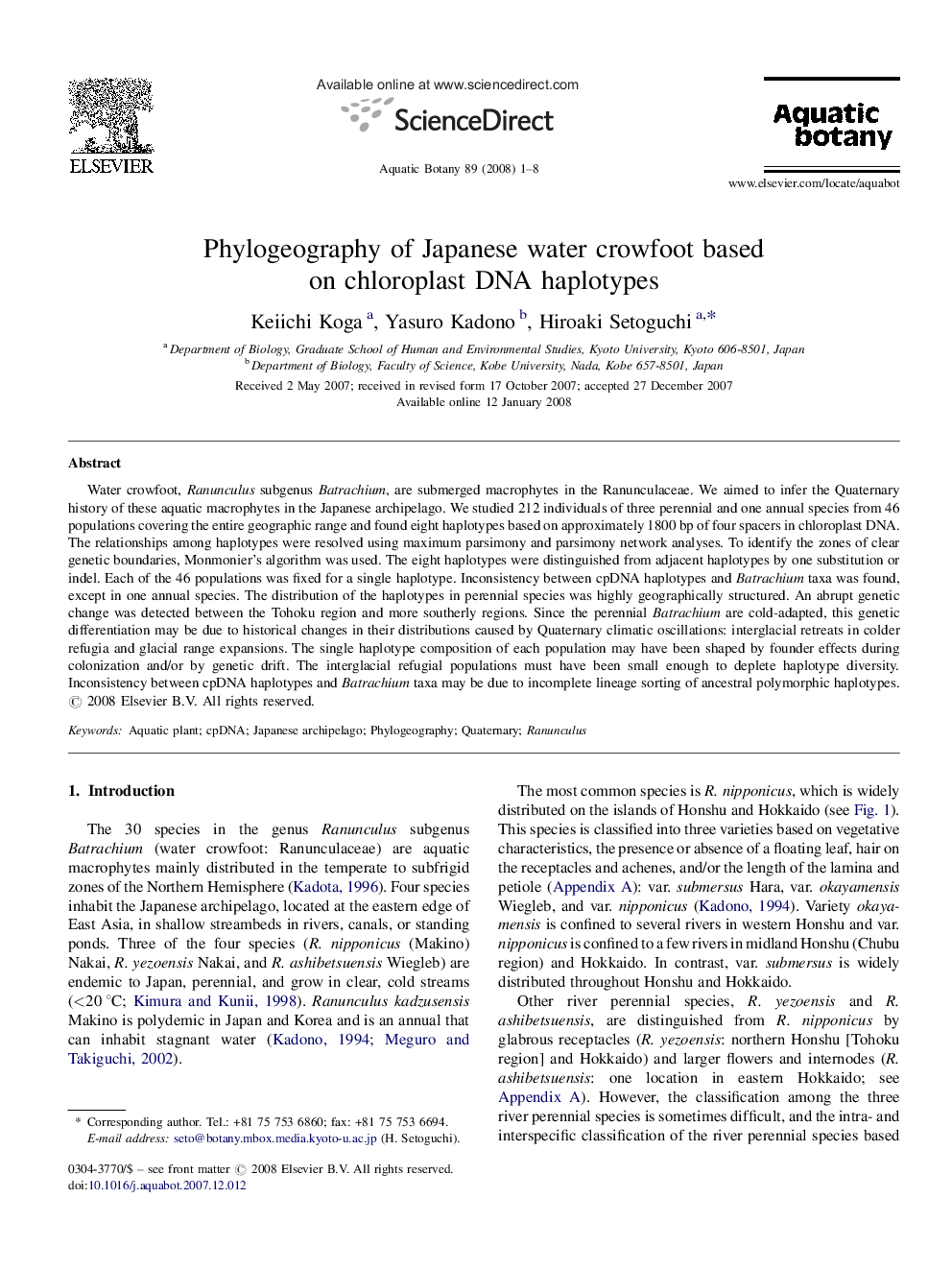 Phylogeography of Japanese water crowfoot based on chloroplast DNA haplotypes