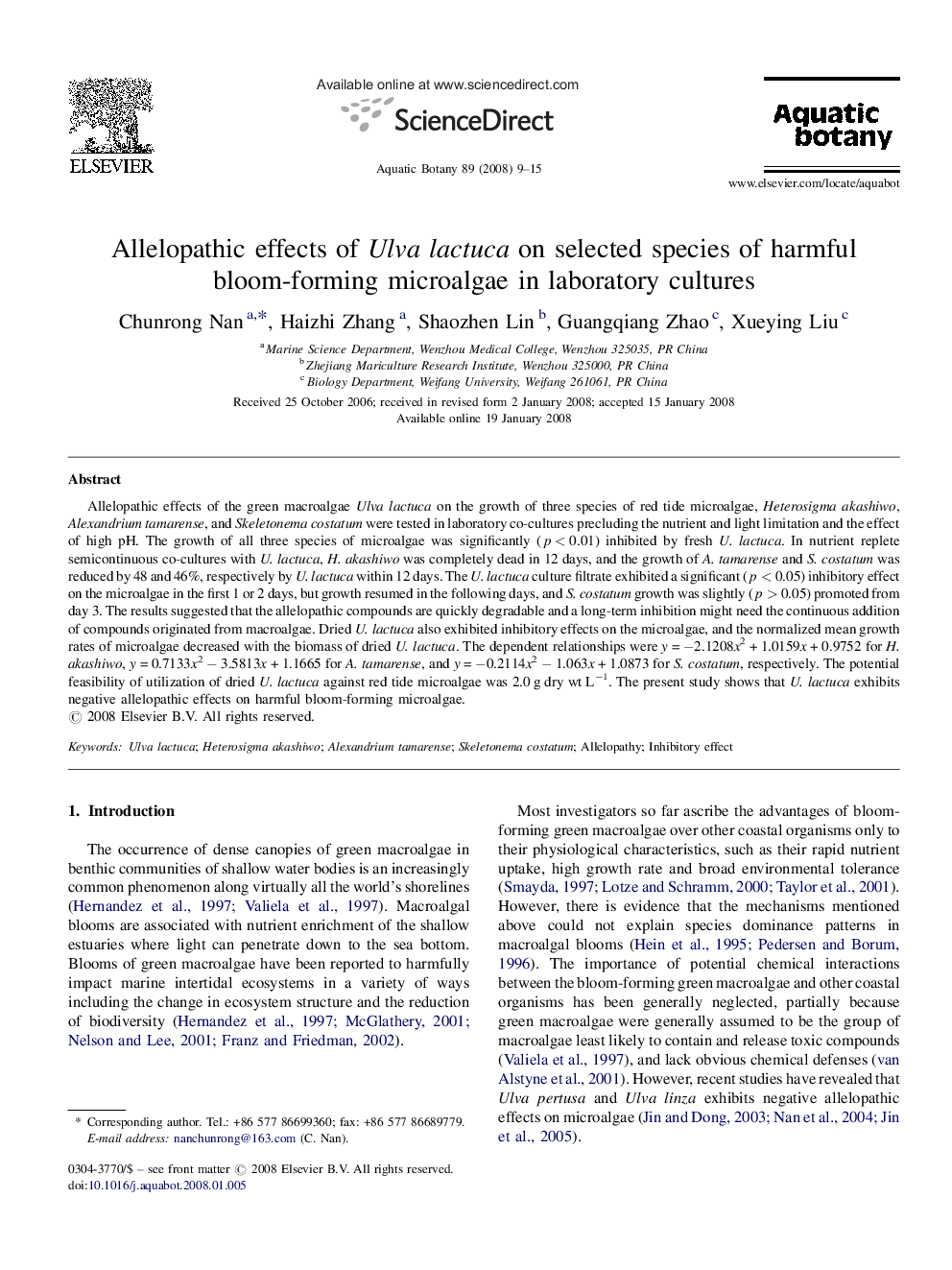 Allelopathic effects of Ulva lactuca on selected species of harmful bloom-forming microalgae in laboratory cultures