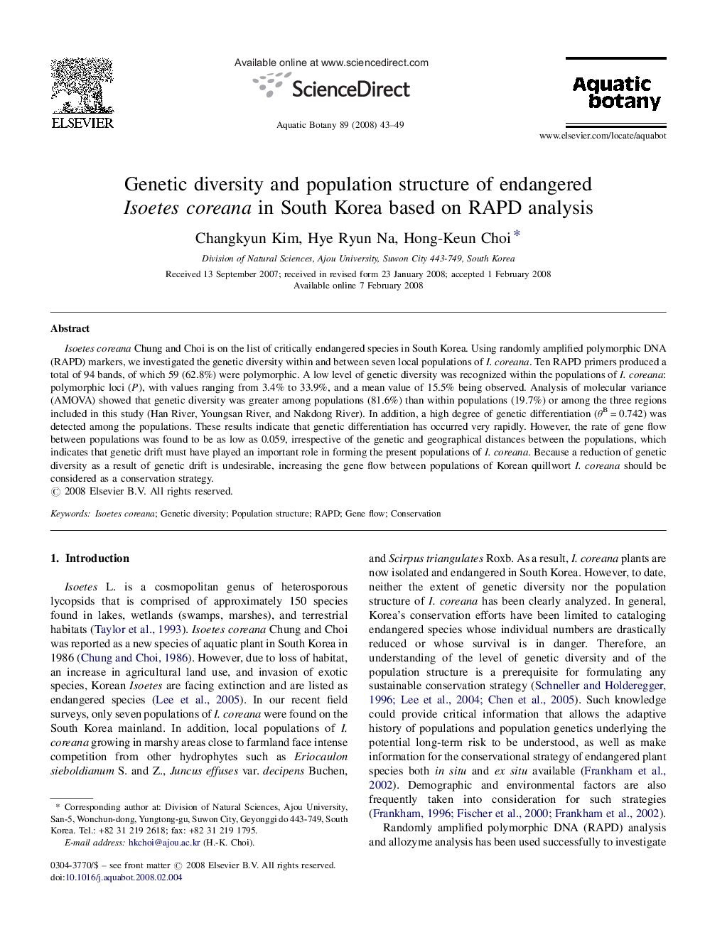 Genetic diversity and population structure of endangered Isoetes coreana in South Korea based on RAPD analysis