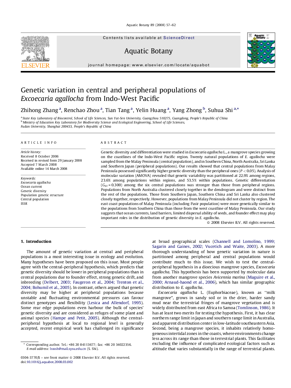 Genetic variation in central and peripheral populations of Excoecaria agallocha from Indo-West Pacific