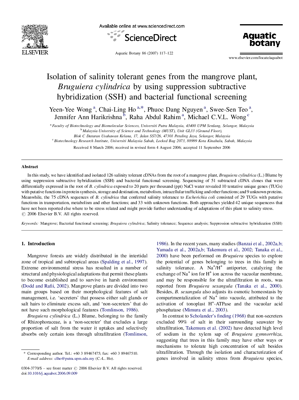 Isolation of salinity tolerant genes from the mangrove plant, Bruguiera cylindrica by using suppression subtractive hybridization (SSH) and bacterial functional screening