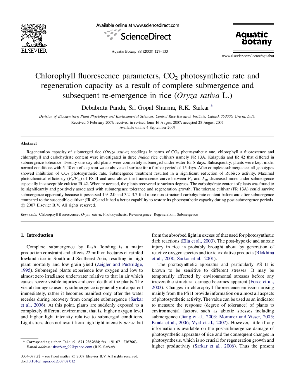 Chlorophyll fluorescence parameters, CO2 photosynthetic rate and regeneration capacity as a result of complete submergence and subsequent re-emergence in rice (Oryza sativa L.)