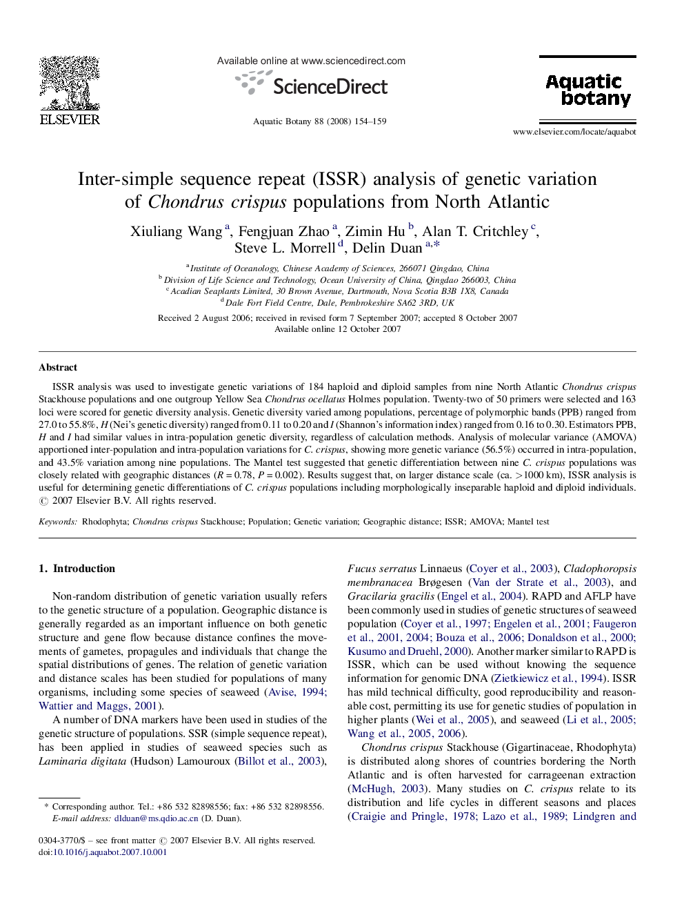 Inter-simple sequence repeat (ISSR) analysis of genetic variation of Chondrus crispus populations from North Atlantic