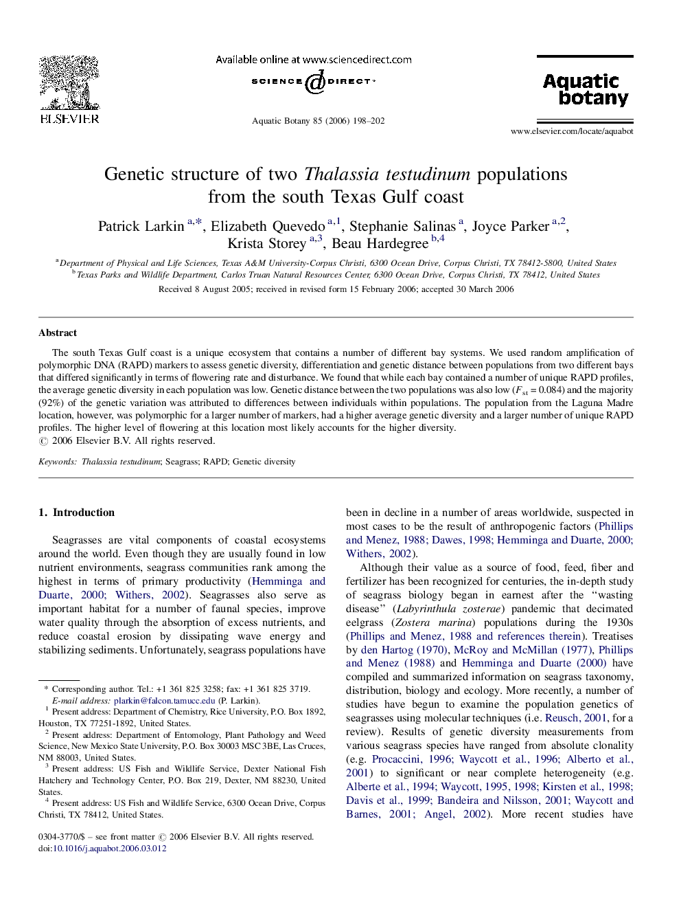 Genetic structure of two Thalassia testudinum populations from the south Texas Gulf coast