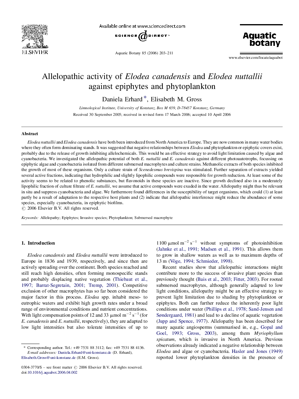 Allelopathic activity of Elodea canadensis and Elodea nuttallii against epiphytes and phytoplankton