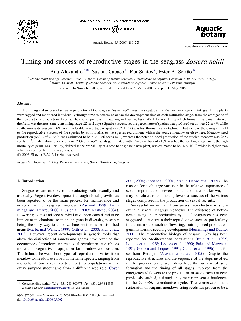 Timing and success of reproductive stages in the seagrass Zostera noltii