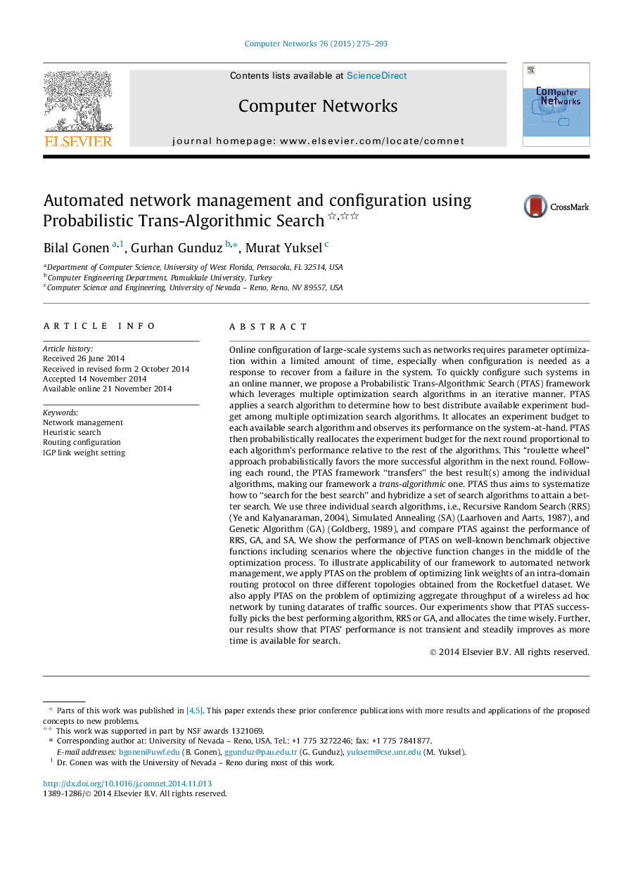 Automated network management and configuration using Probabilistic Trans-Algorithmic Search 