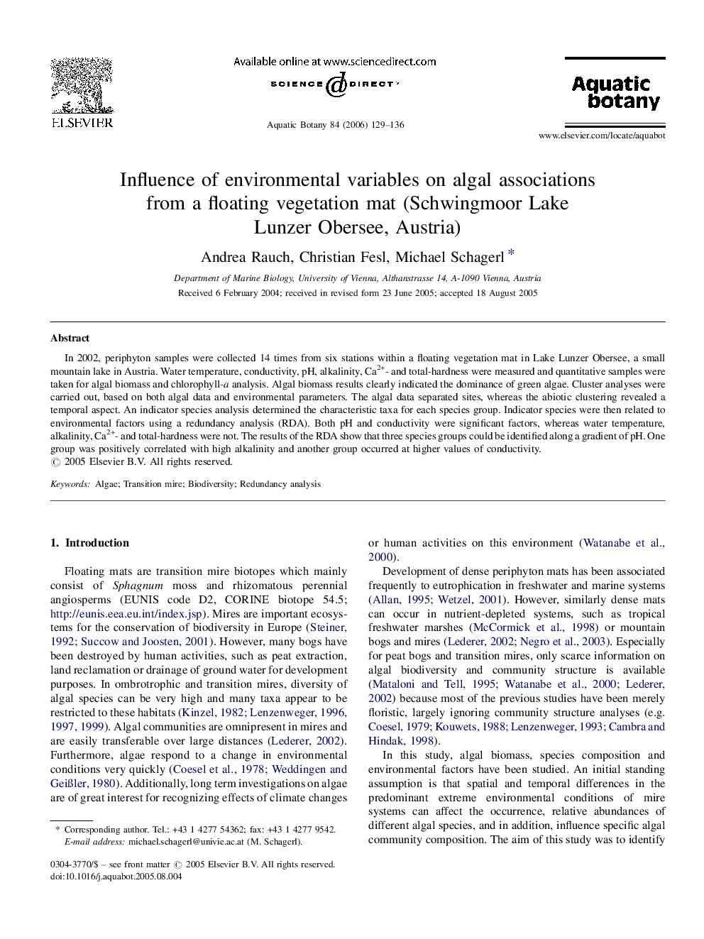 Influence of environmental variables on algal associations from a floating vegetation mat (Schwingmoor Lake Lunzer Obersee, Austria)