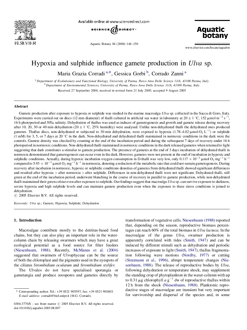 Hypoxia and sulphide influence gamete production in Ulva sp.