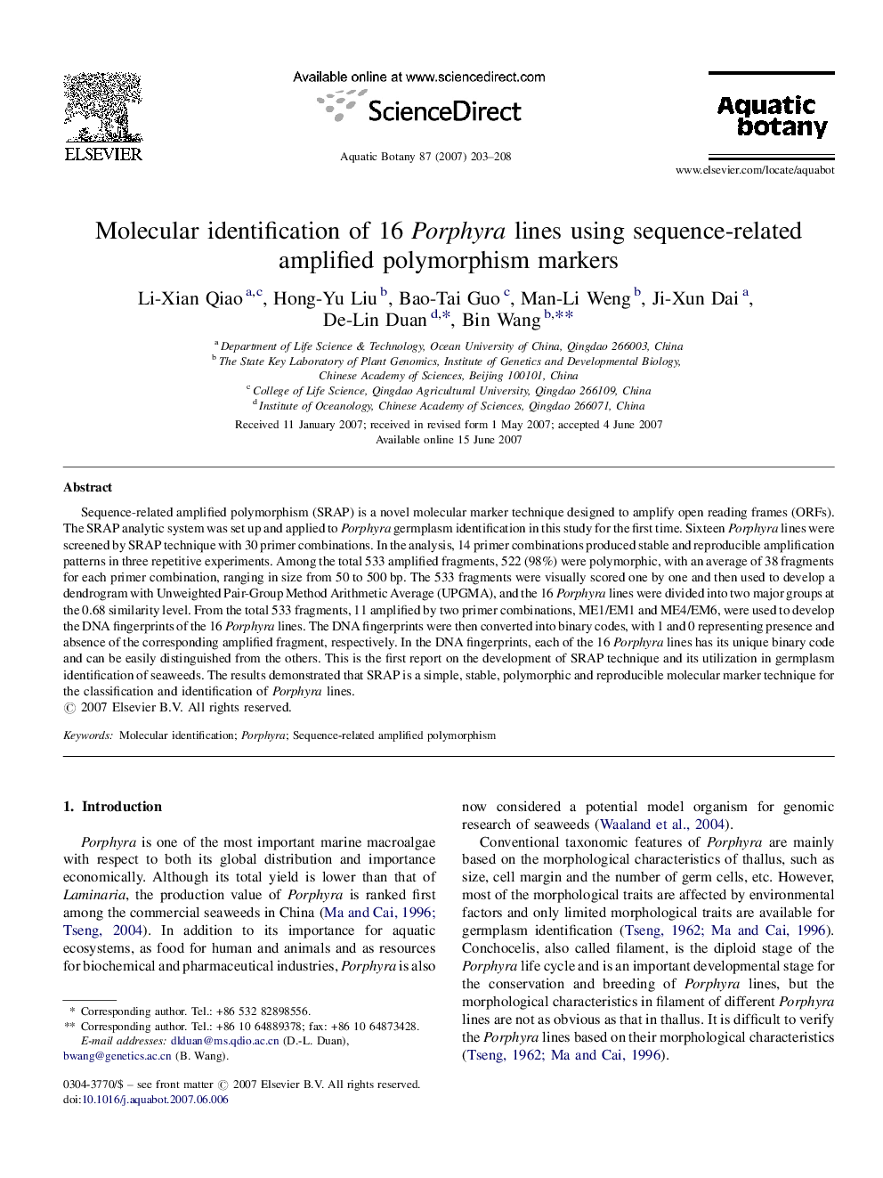 Molecular identification of 16 Porphyra lines using sequence-related amplified polymorphism markers