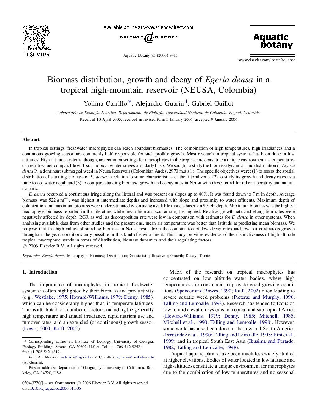 Biomass distribution, growth and decay of Egeria densa in a tropical high-mountain reservoir (NEUSA, Colombia)