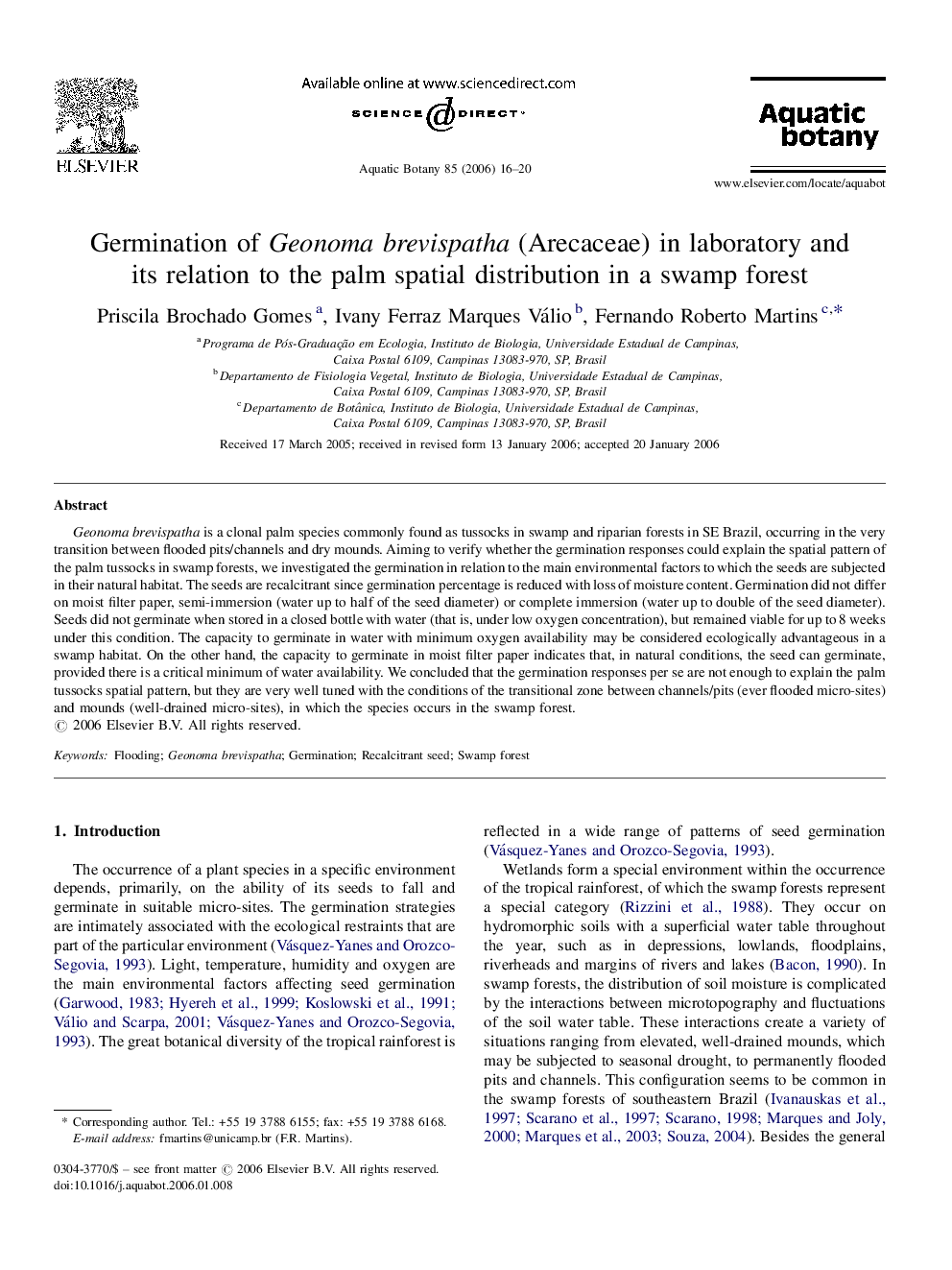 Germination of Geonoma brevispatha (Arecaceae) in laboratory and its relation to the palm spatial distribution in a swamp forest