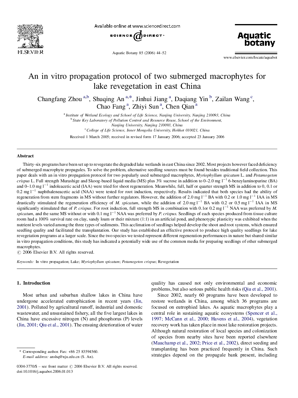 An in vitro propagation protocol of two submerged macrophytes for lake revegetation in east China