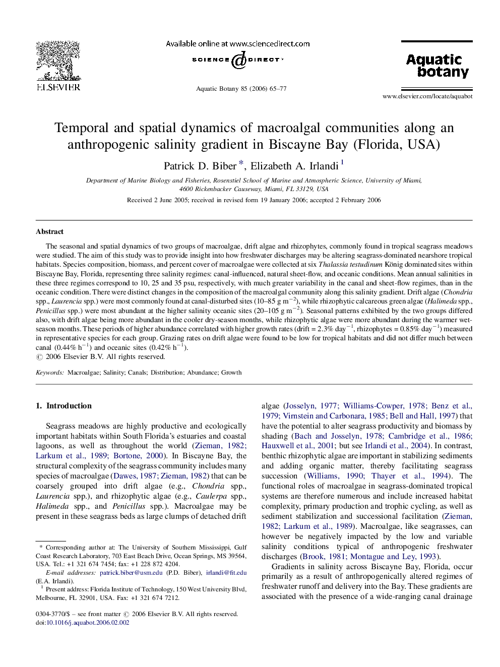 Temporal and spatial dynamics of macroalgal communities along an anthropogenic salinity gradient in Biscayne Bay (Florida, USA)