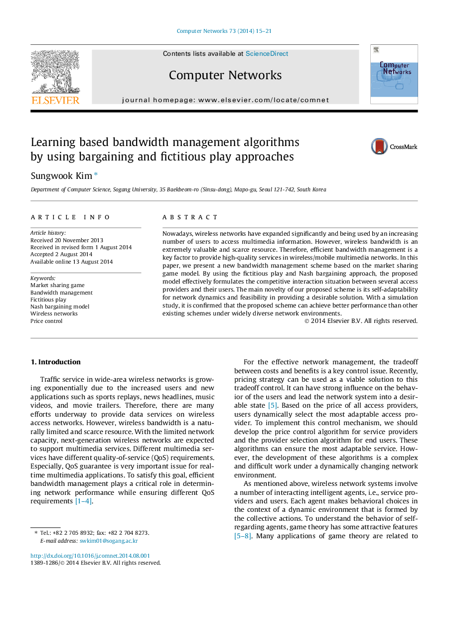 Learning based bandwidth management algorithms by using bargaining and fictitious play approaches