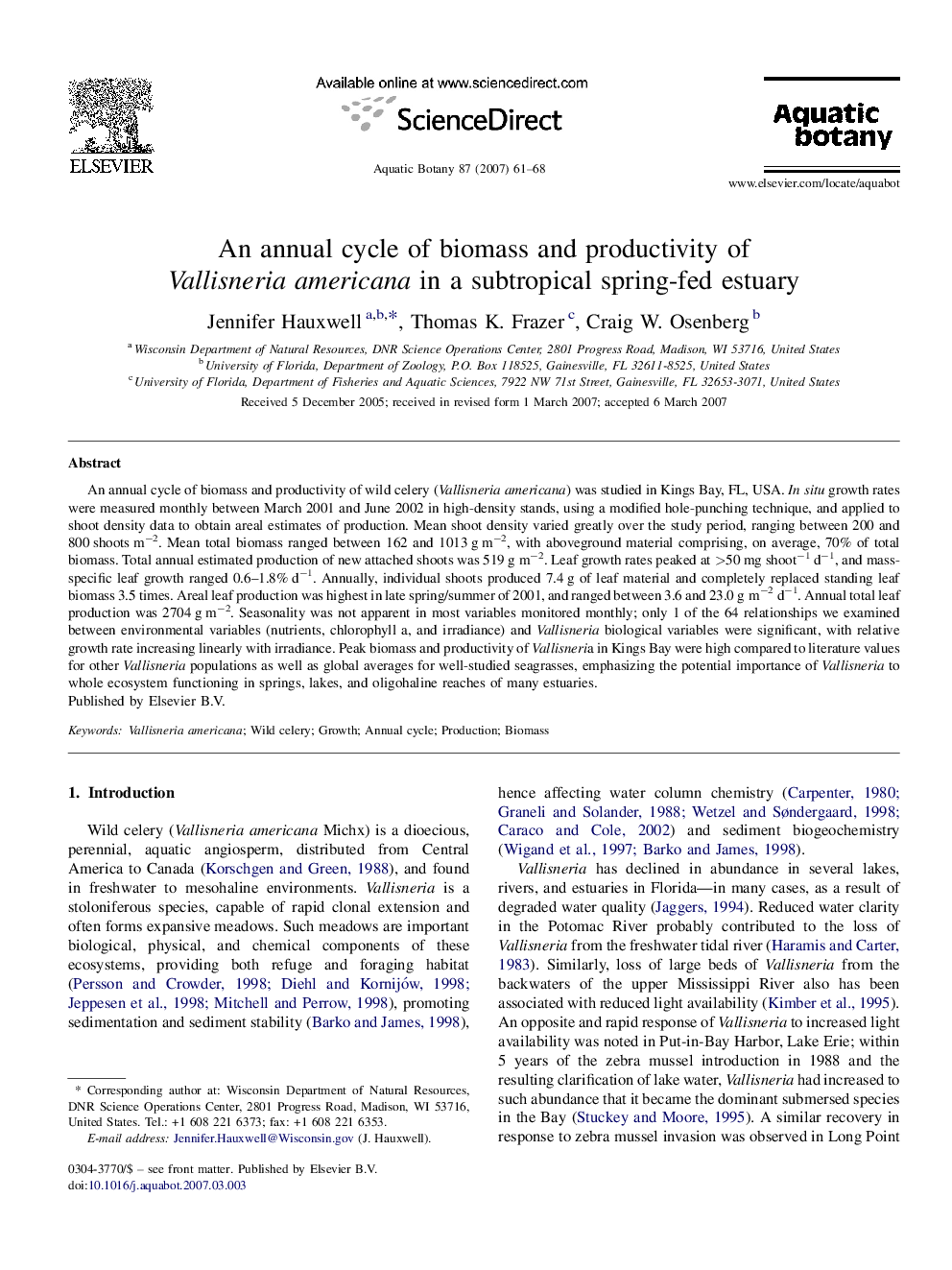 An annual cycle of biomass and productivity of Vallisneria americana in a subtropical spring-fed estuary