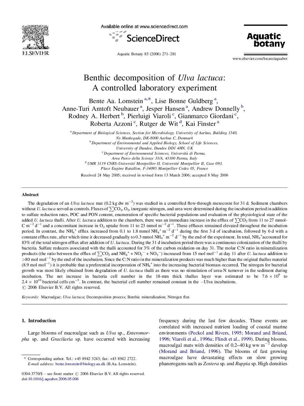 Benthic decomposition of Ulva lactuca: A controlled laboratory experiment