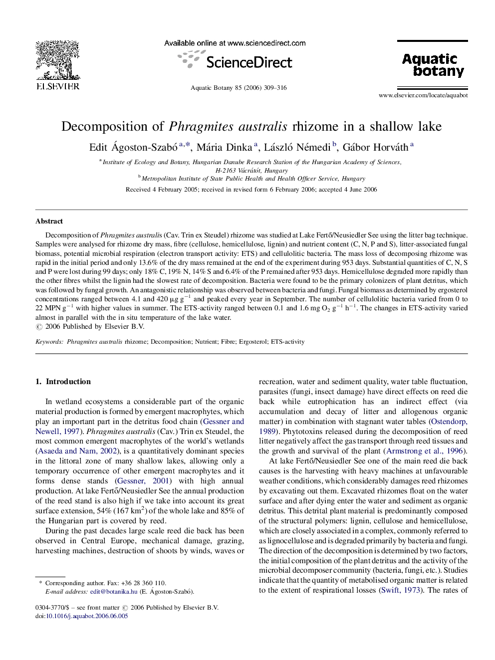 Decomposition of Phragmites australis rhizome in a shallow lake