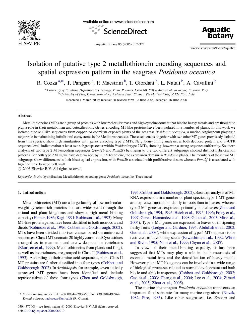 Isolation of putative type 2 metallothionein encoding sequences and spatial expression pattern in the seagrass Posidonia oceanica