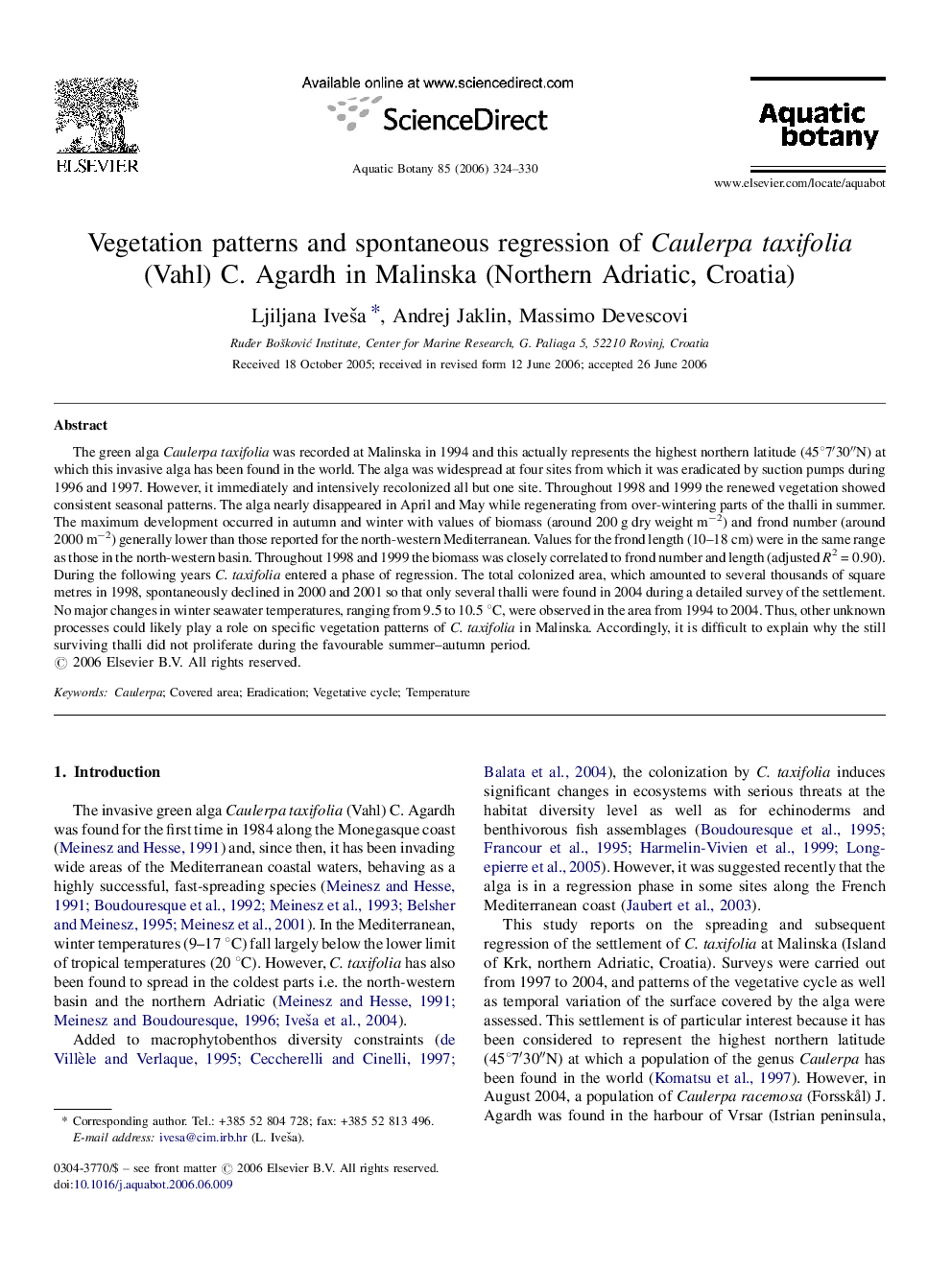 Vegetation patterns and spontaneous regression of Caulerpa taxifolia (Vahl) C. Agardh in Malinska (Northern Adriatic, Croatia)