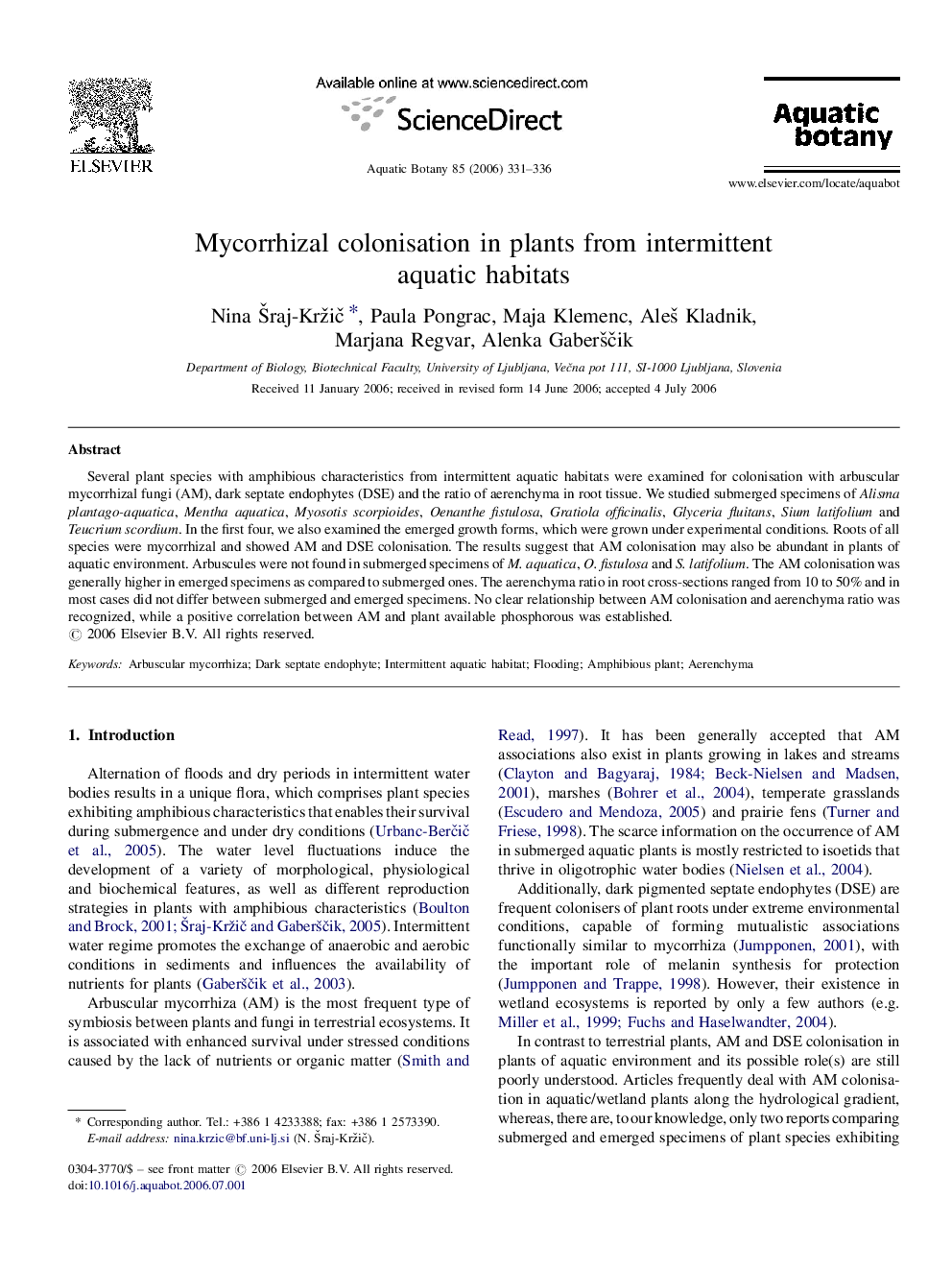 Mycorrhizal colonisation in plants from intermittent aquatic habitats