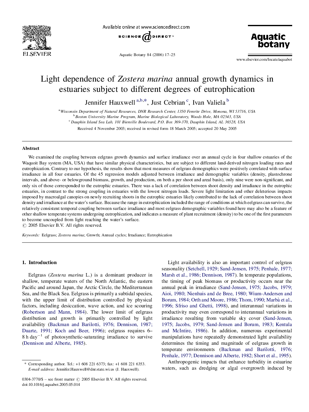 Light dependence of Zostera marina annual growth dynamics in estuaries subject to different degrees of eutrophication